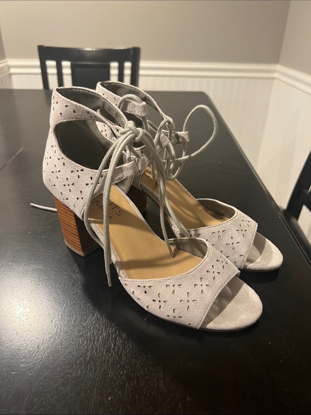 Lace-Up Perforated Block Heel Sandals - Light Gray